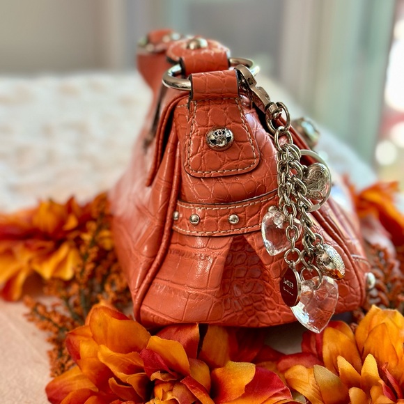 Kathy Van Zeeland Vintage Bag Orange Purse Y2K Faux Croc Charms Buckles - Picture 5 of 12